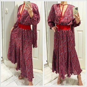 Diane Freis Vintage red /gray floral plunge neck flare dress